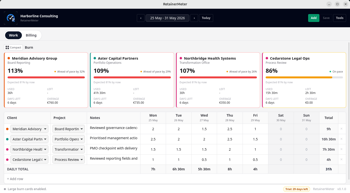 RetainerMeter app showing live retainer burn cards and VAT-inclusive client invoices